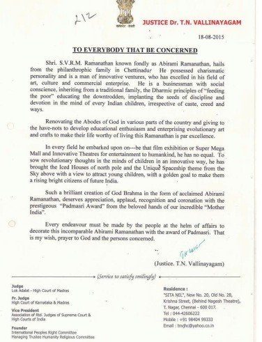Letter of appriciation from Hon'ble Justice Dr