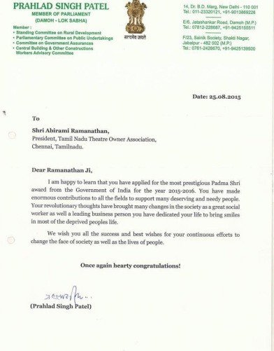 Letter of appriciation from Hon'ble Prahlad Sing Patel Minster Of Culture And Tourism