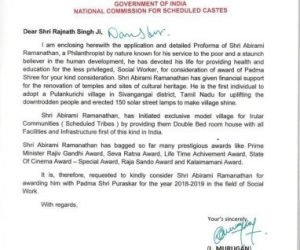 Letter of appriciation from Hon'ble Shree L.Murugan National Commission Of Scheduled Castes