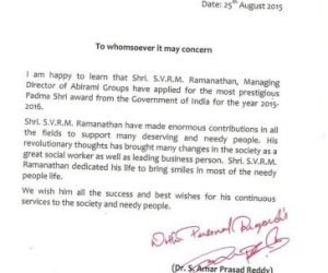 Letter of appriciation from Hon'ble Shree Dr.S.Amarprasad Reddy Additional Director, General